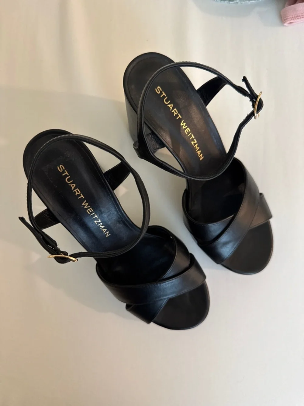 Stuart Weitzman Dayna Black Leather Platform Sandals size size 8.5 - Picture 2 of 13